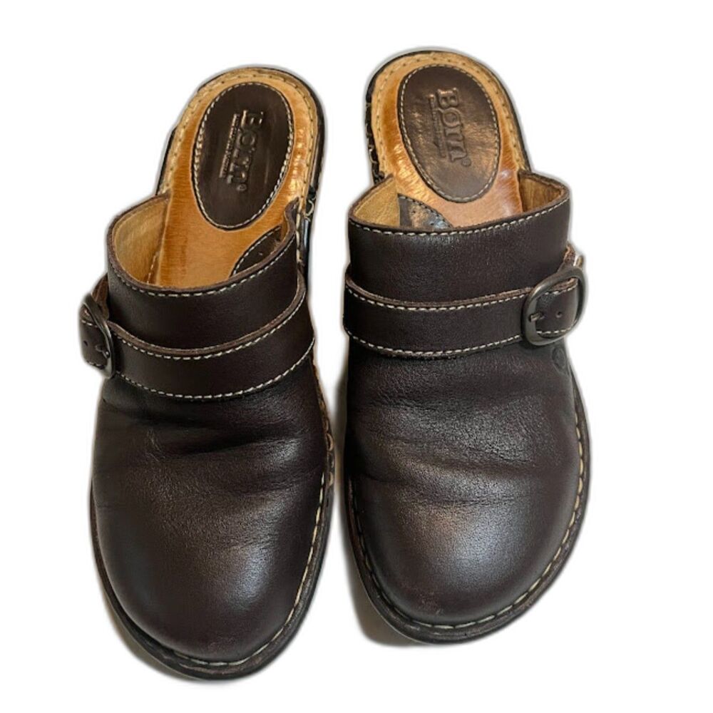 BORN Boho Casual Chic Brown 3" Heel 'Genuine Leather Slide-On Clogs Sz 7*READ